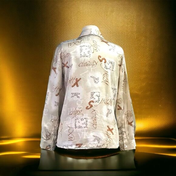 CITY SILK Button Down Long Sleeve Ivory Beige Tan Printed Blouse Sz M - Picture 4 of 5